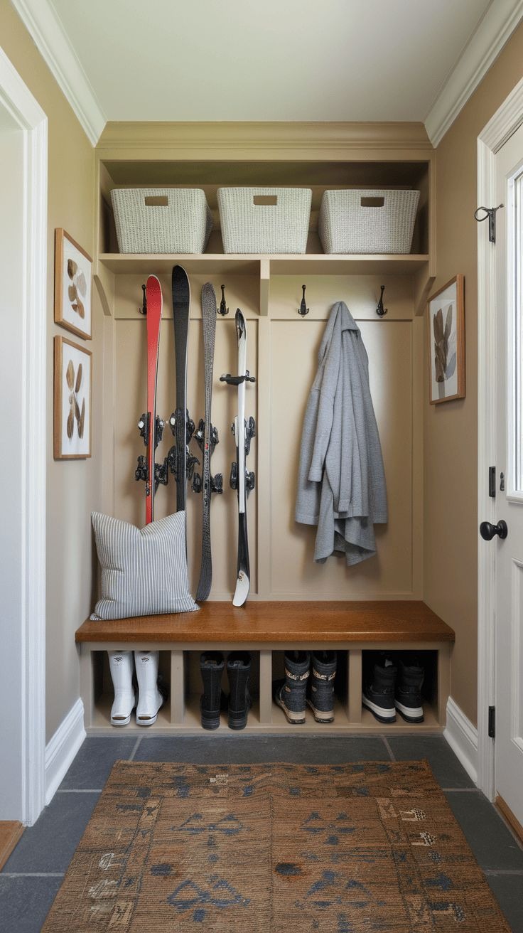 Ski storage mudroom with bench seating and organized gear