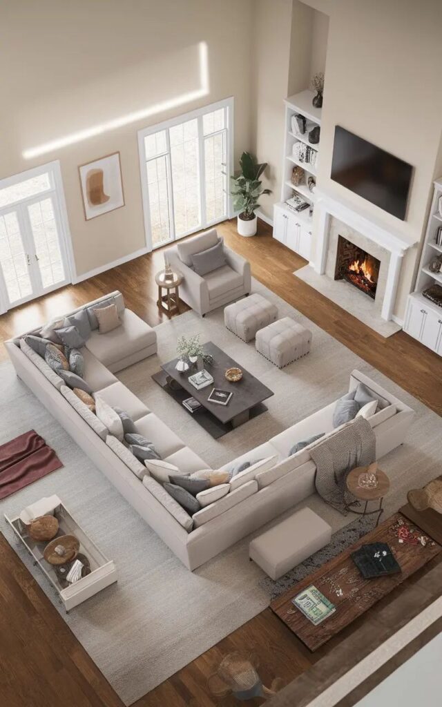 Spacious living room with sectional sofa and modern fireplace design