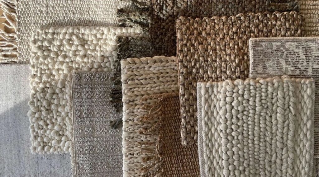 Neutral rug texture samples in woven and chunky natural fibers