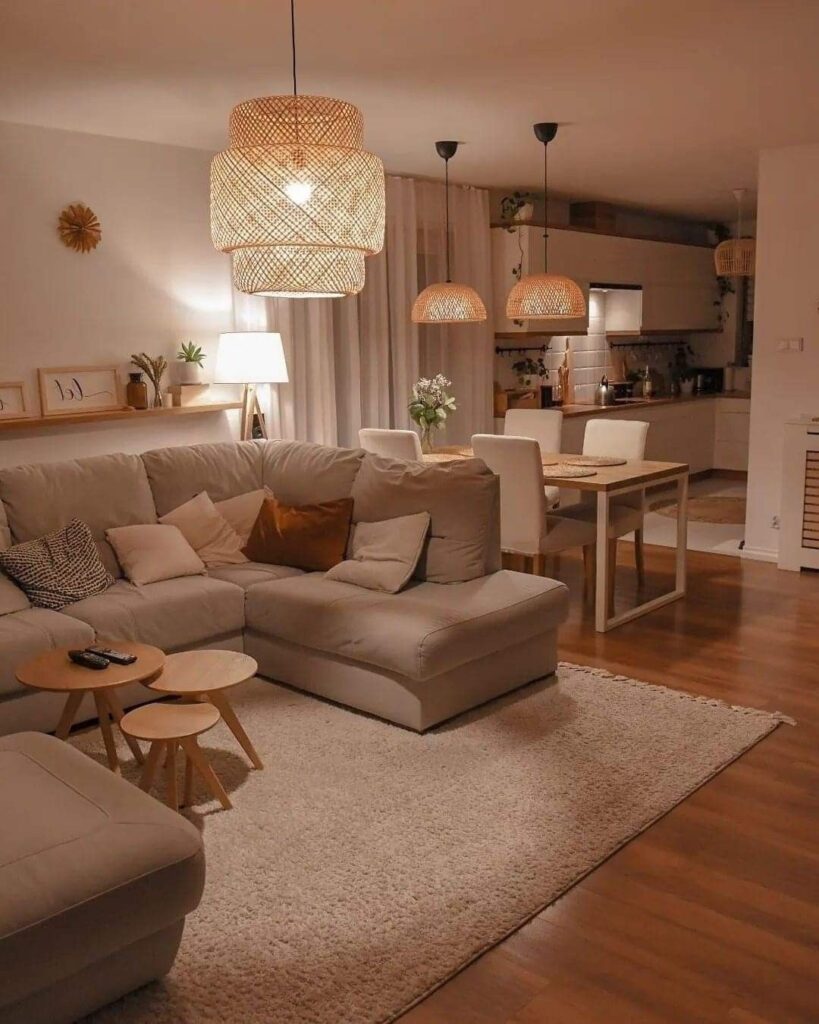 Cozy Scandinavian living room with warm lighting and neutral decor