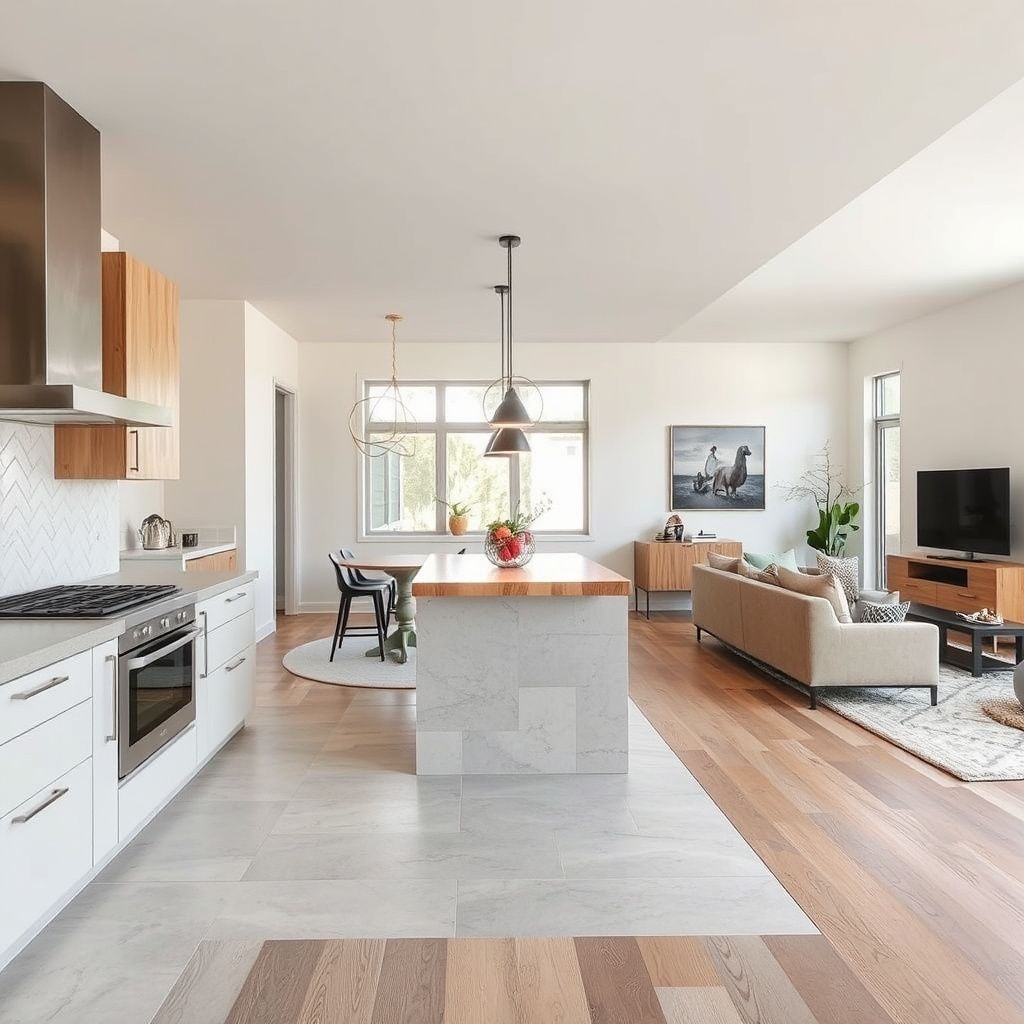 Open concept kitchen and living room with modern minimalist design