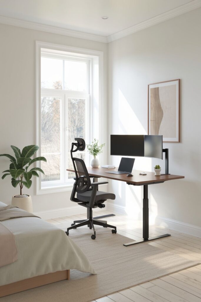 Bright bedroom home office with ergonomic chair and standing desk