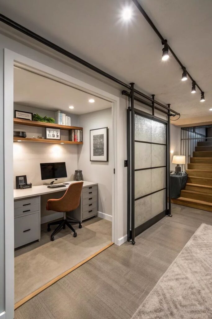 Basement home office with built-in desk and sliding door