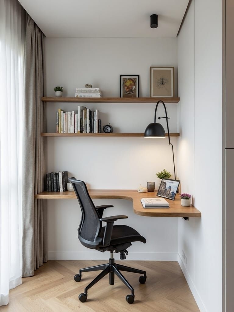 Minimalist home office with floating desk and ergonomic chair