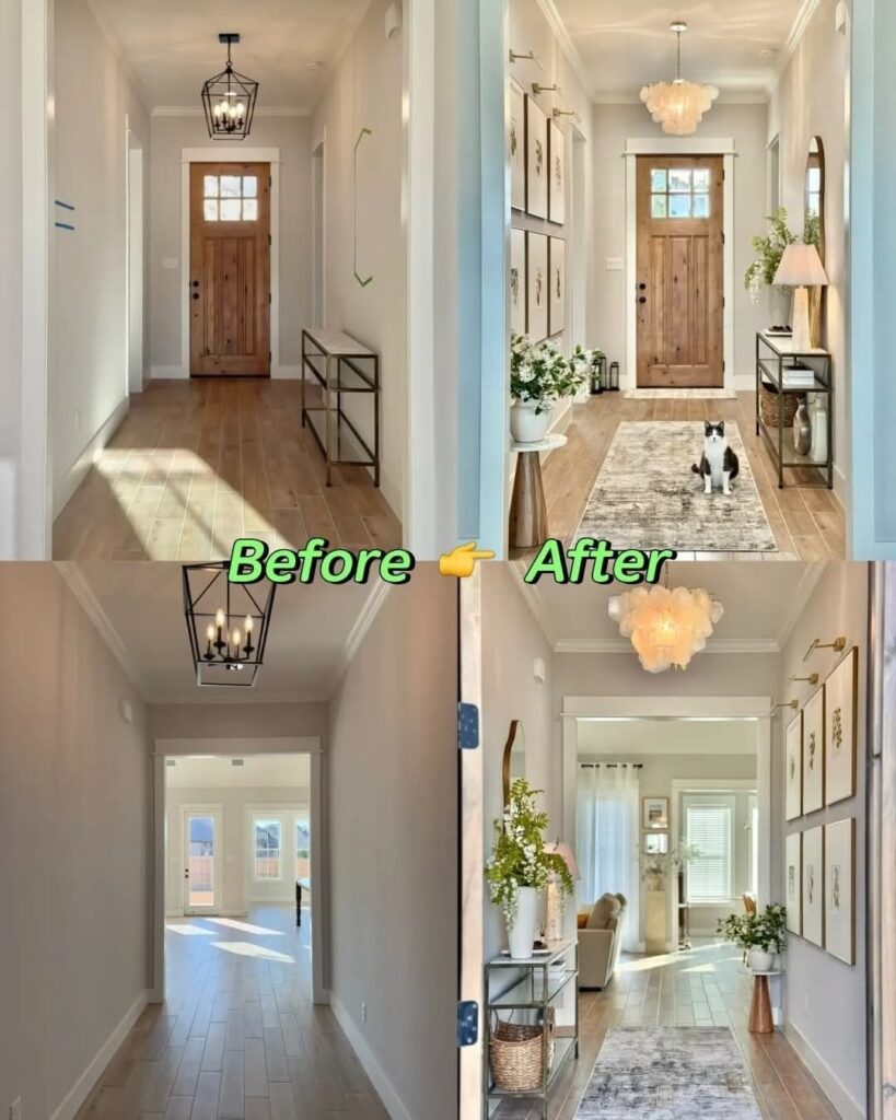 Hallway before and after makeover with decor and lighting upgrades