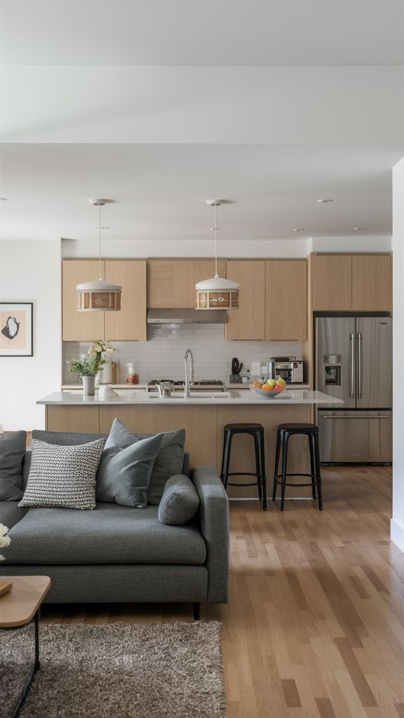 Modern open-concept kitchen and living room with wood cabinets