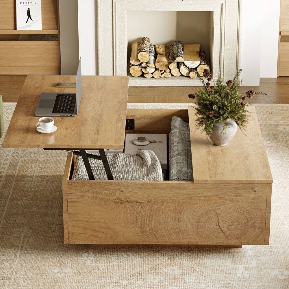 Wood lift-top coffee table with hidden storage and workspace