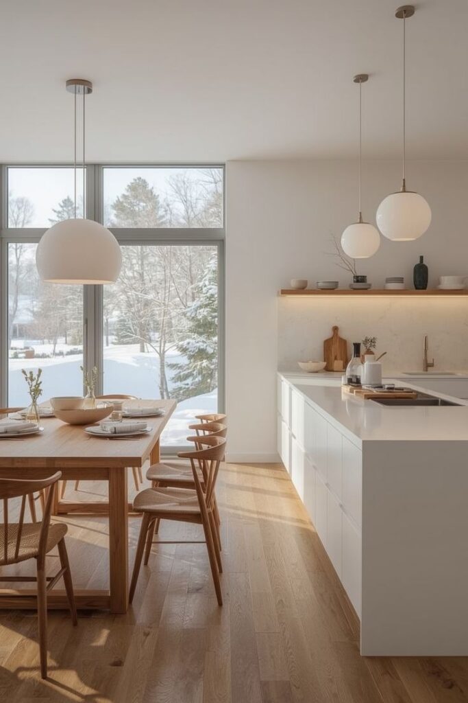 Scandinavian kitchen and dining area with large winter windows