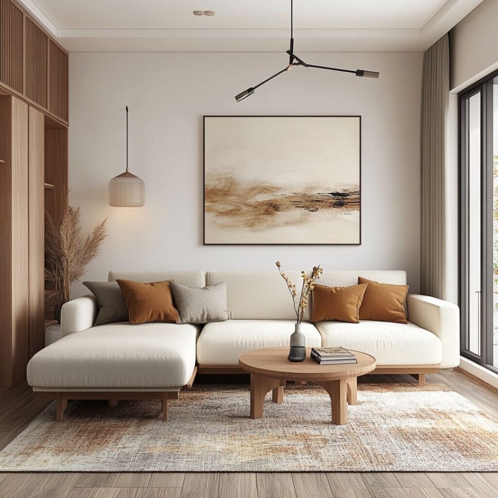Minimalist living room with beige sectional sofa and warm decor