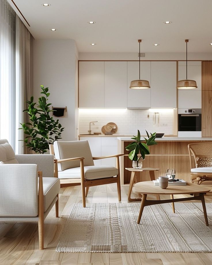 Bright Scandinavian living room with wood furniture and modern kitchen